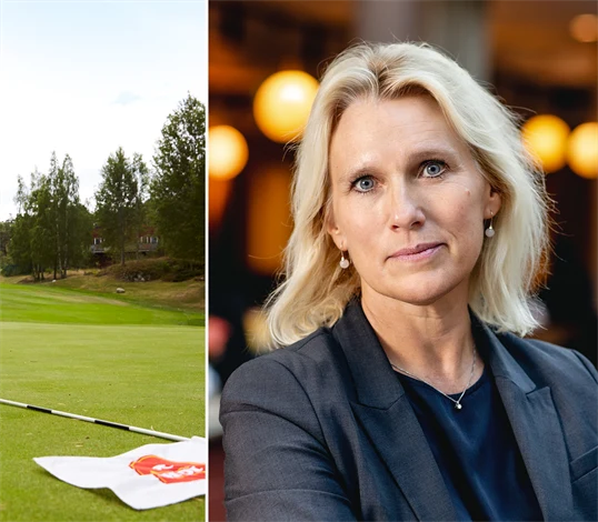 Genrebild från golfbana och bild på Anna Vargö, förhandlingschef på Gröna arbetsgivare.