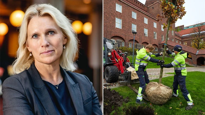 Bild på Anna Vargö, förhandlingschef på Gröna arbetsgivare, och genrebild trädgårdsanläggning.