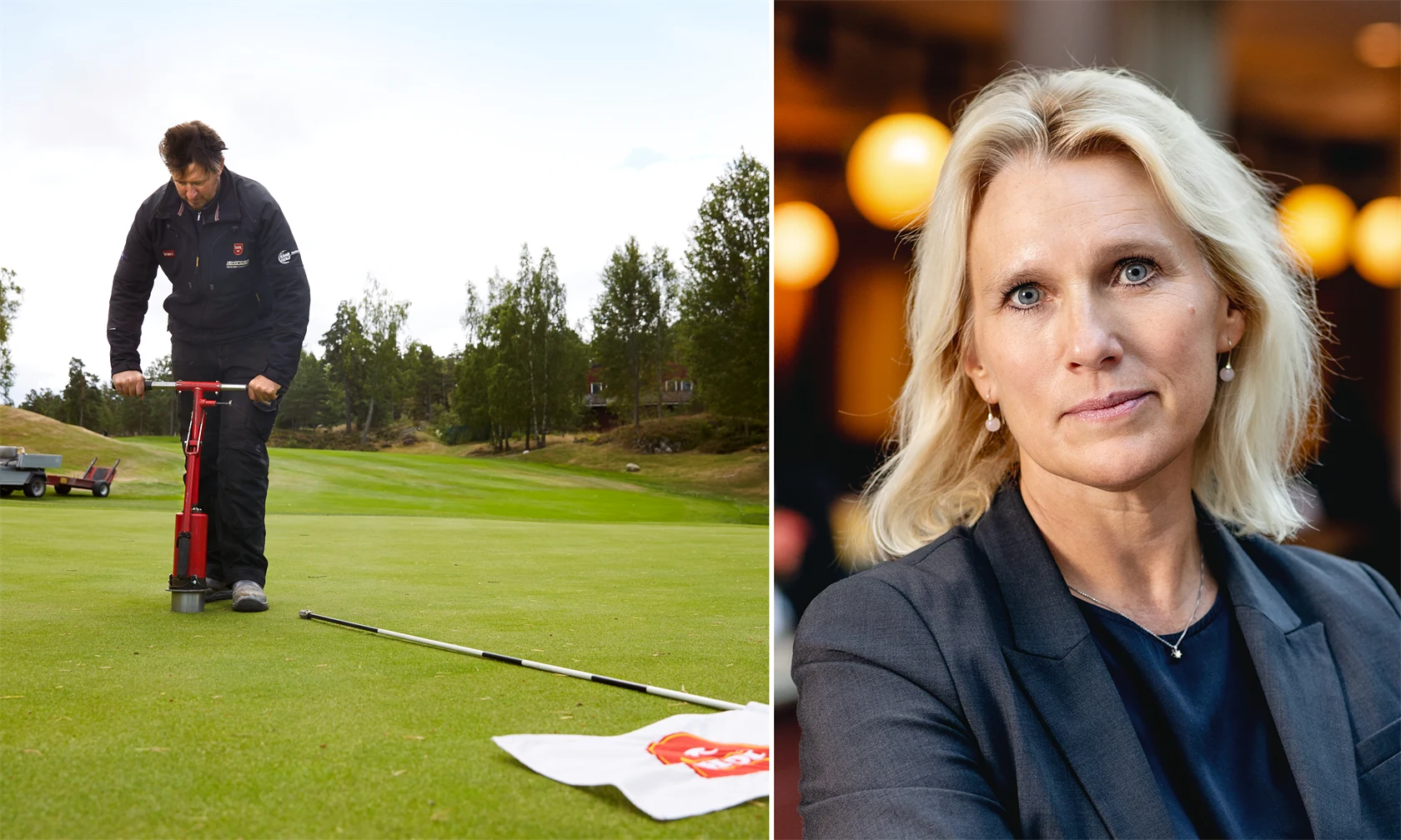 Genrebild från golfbana och bild på Anna Vargö, förhandlingschef på Gröna arbetsgivare.